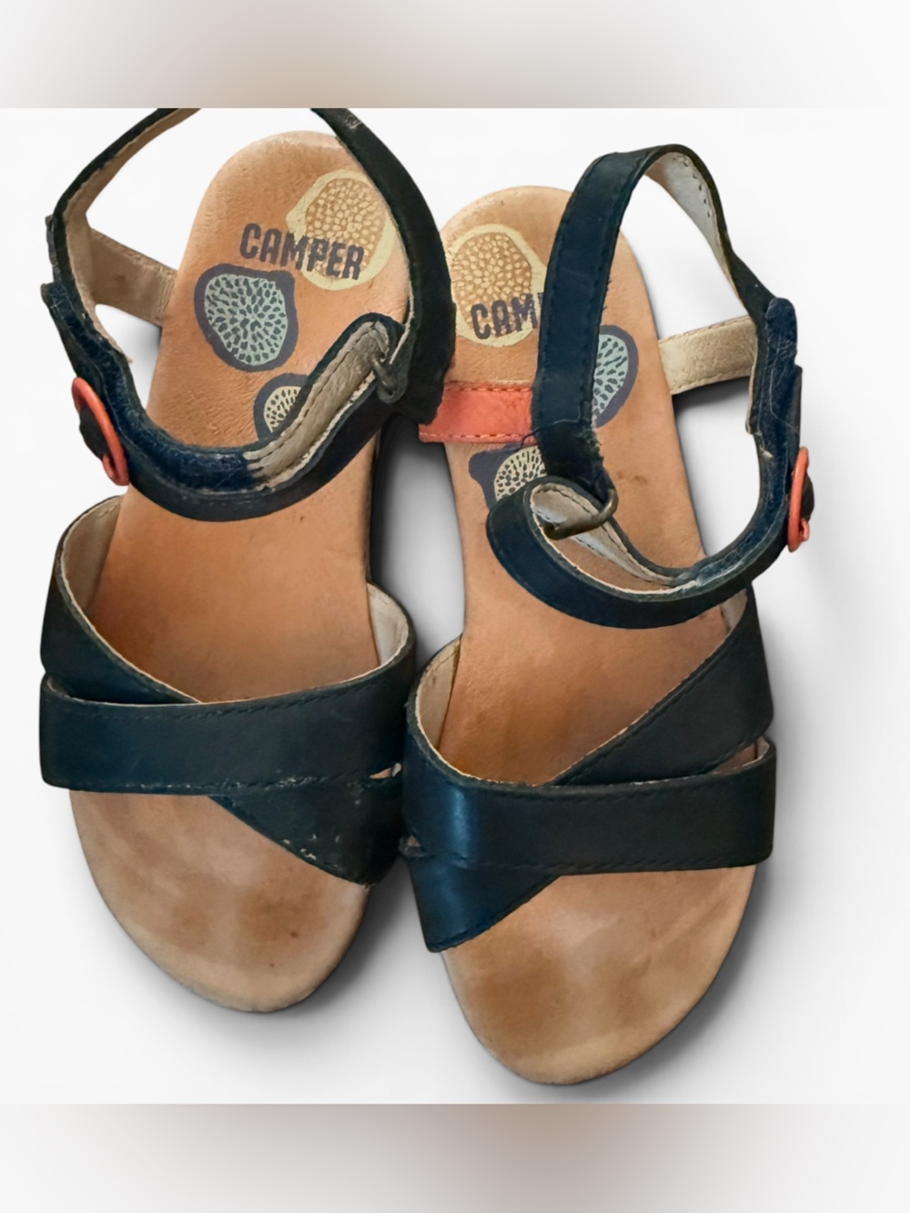 Camper Girl’s Leather Sandals in Navy with Orange Accent - Kid’s Size 29 (11.5)